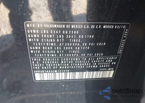 2018 Volkswagen Tiguan 2.0T Se/2.0T Sel из США, поврежденный, VIN 3VV3B7AX3JM121276